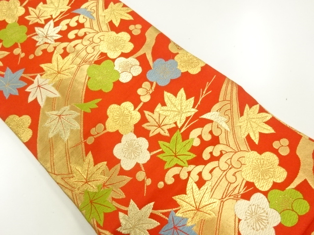 JAPANESE KIMONO / ANTIQUE NAGOYA OBI / SILK / WOVEN UME & BAMBOO GRASS